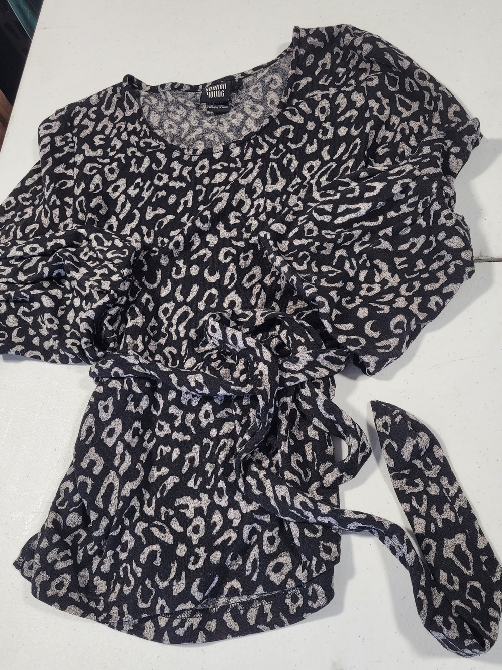 Sharon Young Black & Taupe Leopard Tie-Waist Blouse